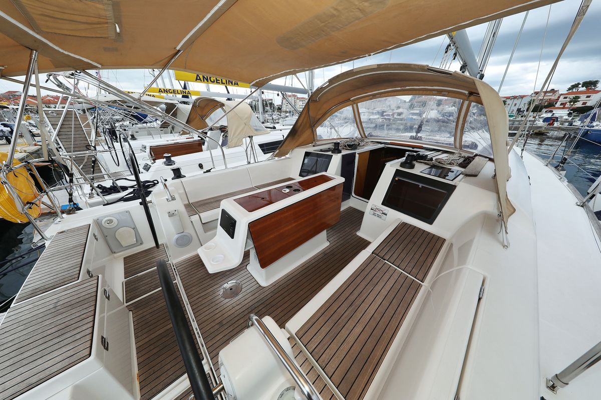 Deck of La Vie, a Dufour 412 GL sailboat at Grad Biograd na Moru, Croatia