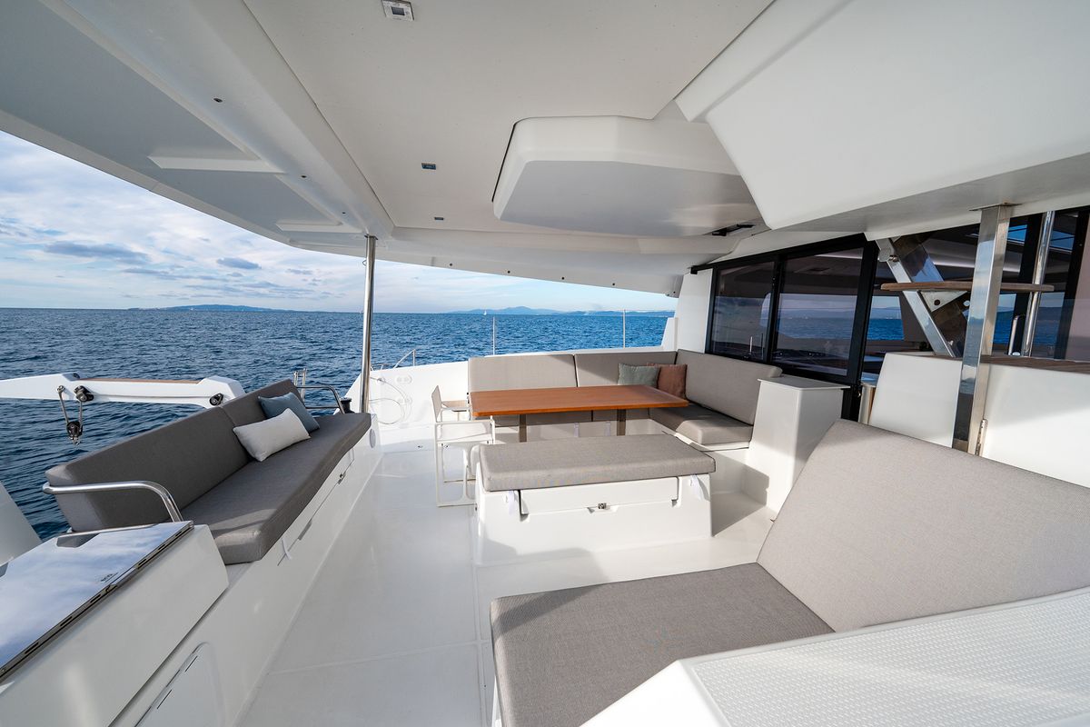 Deck of Calypso, a Fountaine Pajot Tanna 47 catamaran at Cannigione, Italy