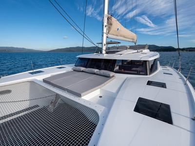 Deck of Calypso, a Fountaine Pajot Tanna 47 catamaran at Cannigione, Italy