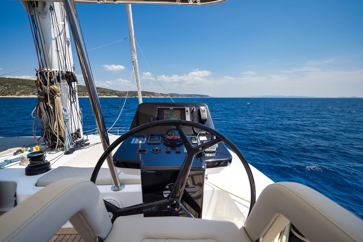 Cockpit of Solitaire, a Sunreef Yachts Sunreef 50 catamaran at Grad Kaštela, Croatia