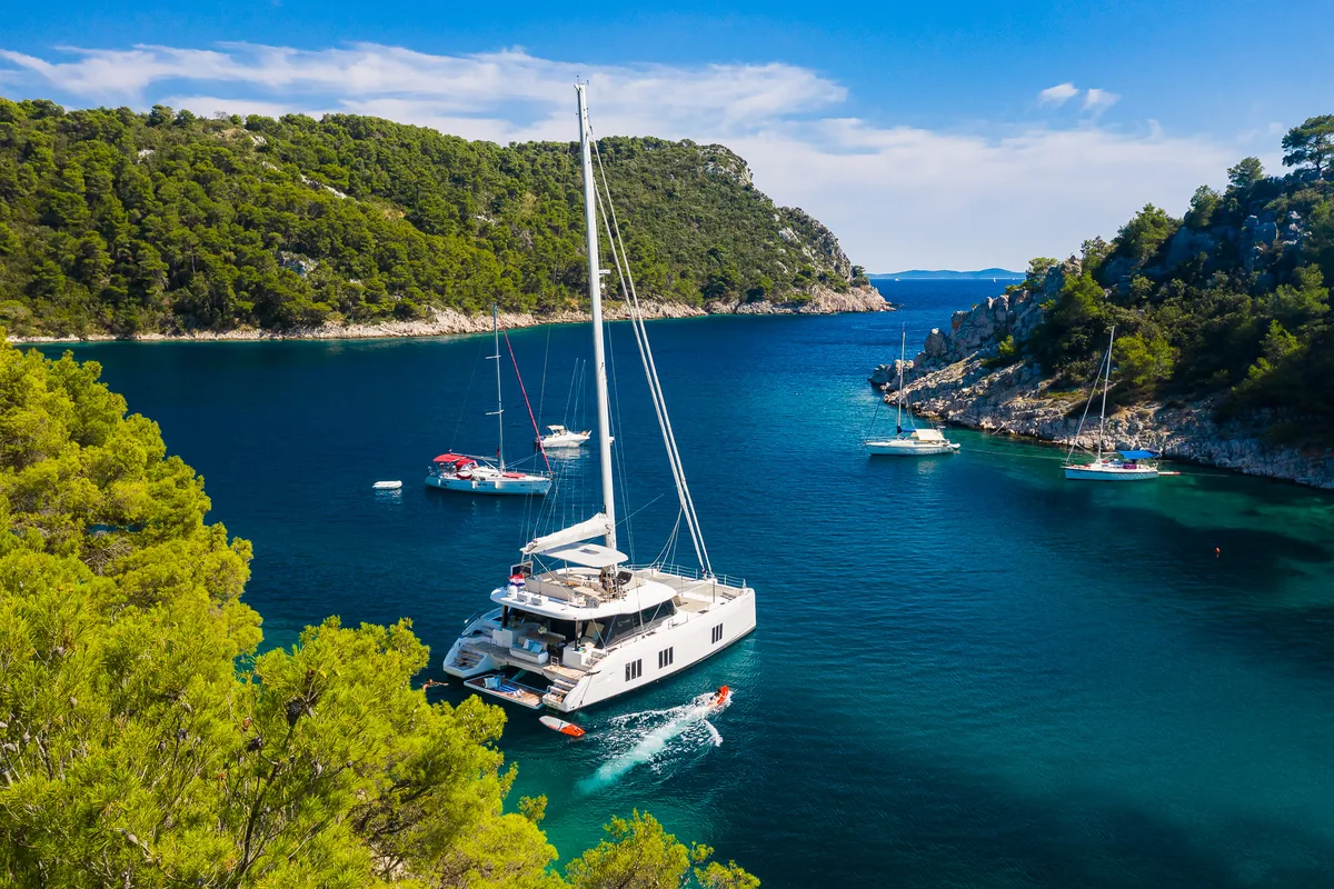 Exterior view of Solitaire, a Sunreef Yachts Sunreef 50 catamaran at Grad Kaštela, Croatia