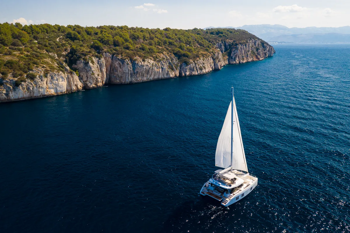 Exterior view of Solitaire, a Sunreef Yachts Sunreef 50 catamaran at Grad Kaštela, Croatia