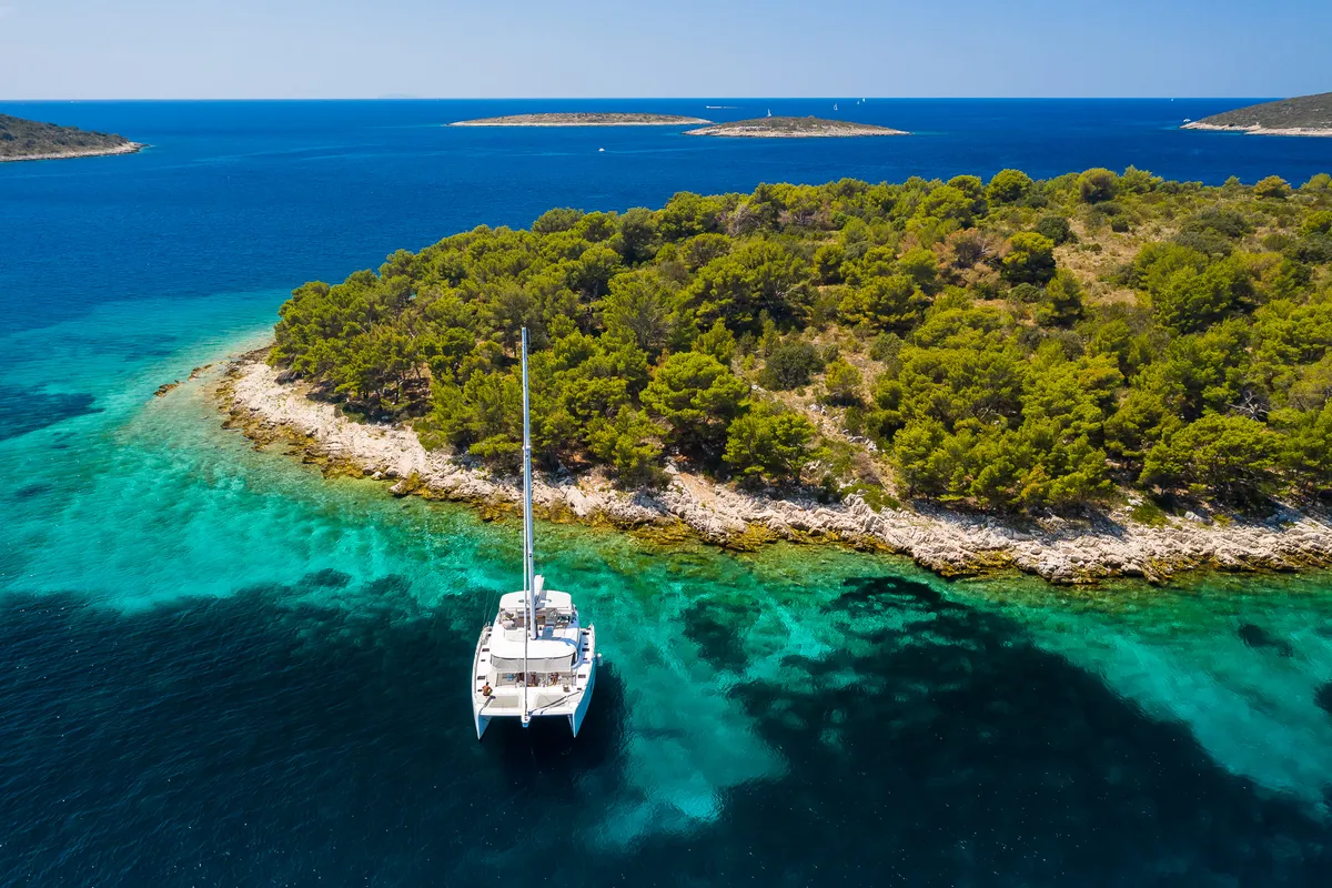 Exterior view of Solitaire, a Sunreef Yachts Sunreef 50 catamaran at Grad Kaštela, Croatia