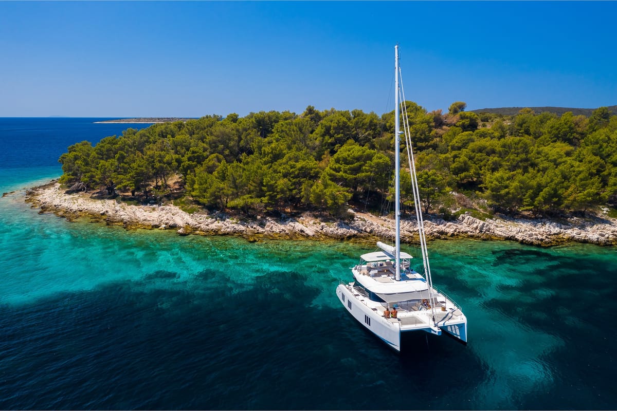 Exterior view of Solitaire, a Sunreef Yachts Sunreef 50 catamaran at Grad Kaštela, Croatia