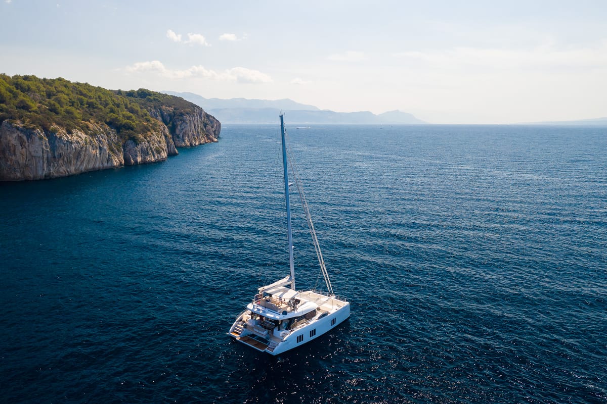 Exterior view of Solitaire, a Sunreef Yachts Sunreef 50 catamaran at Grad Kaštela, Croatia