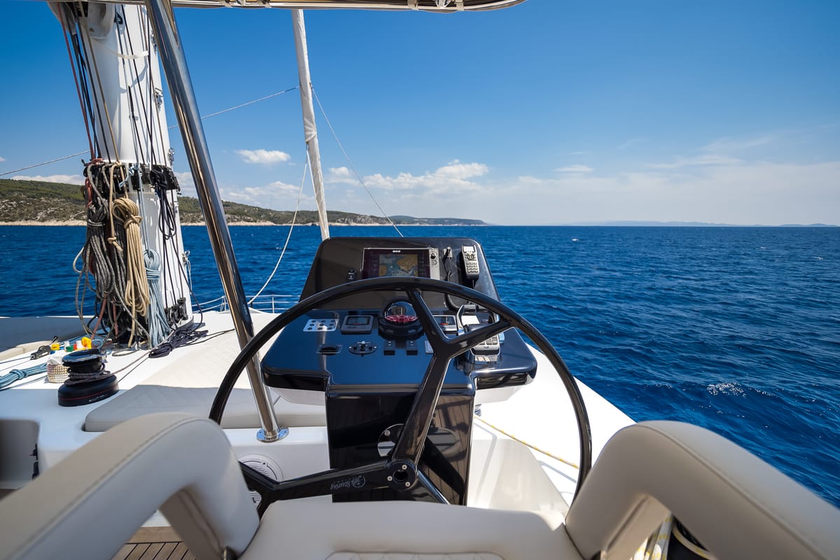 Cockpit of Solitaire, a Sunreef Yachts Sunreef 50 catamaran at Grad Kaštela, Croatia