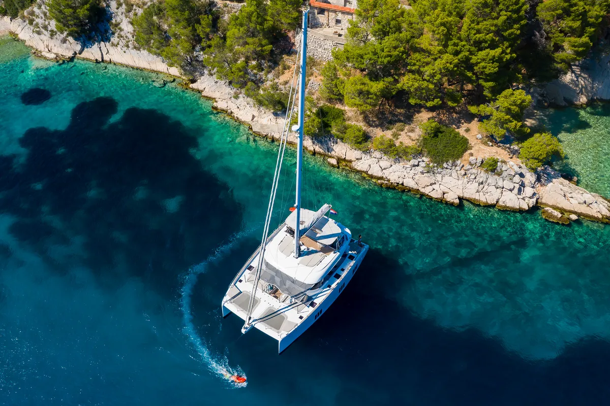 Exterior view of Solitaire, a Sunreef Yachts Sunreef 50 catamaran at Grad Kaštela, Croatia