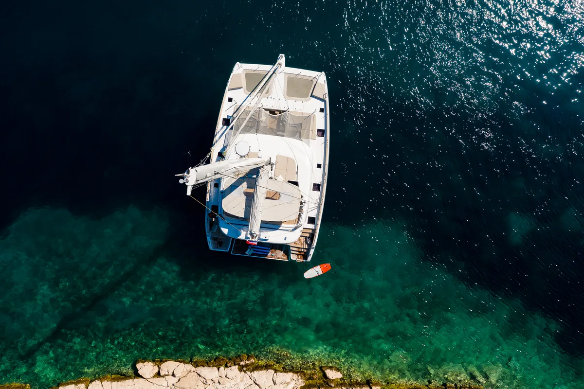 Exterior view of Solitaire, a Sunreef Yachts Sunreef 50 catamaran at Grad Kaštela, Croatia