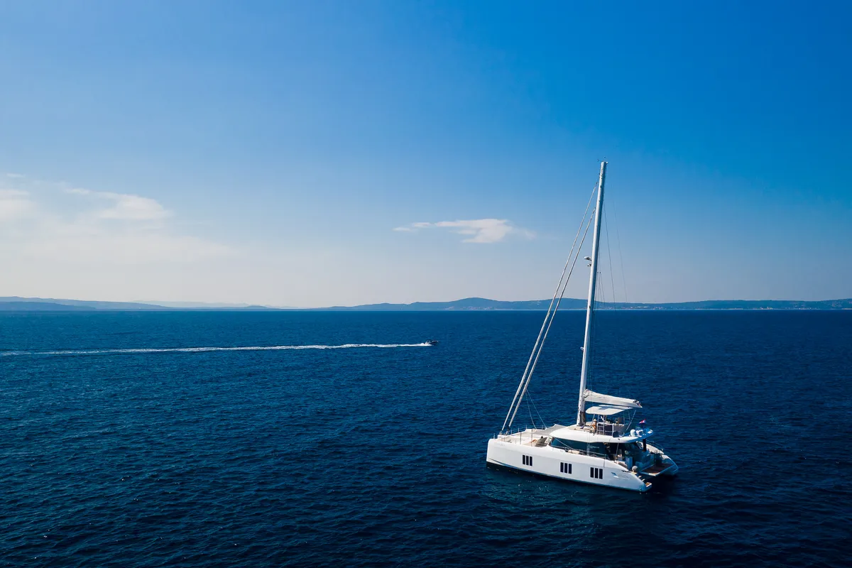 Exterior view of Solitaire, a Sunreef Yachts Sunreef 50 catamaran at Grad Kaštela, Croatia