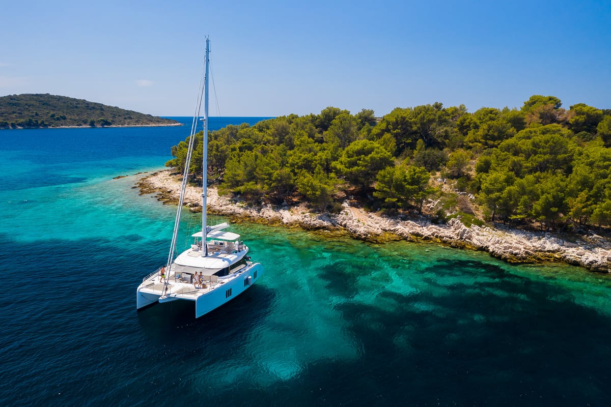Exterior view of Solitaire, a Sunreef Yachts Sunreef 50 catamaran at Grad Kaštela, Croatia