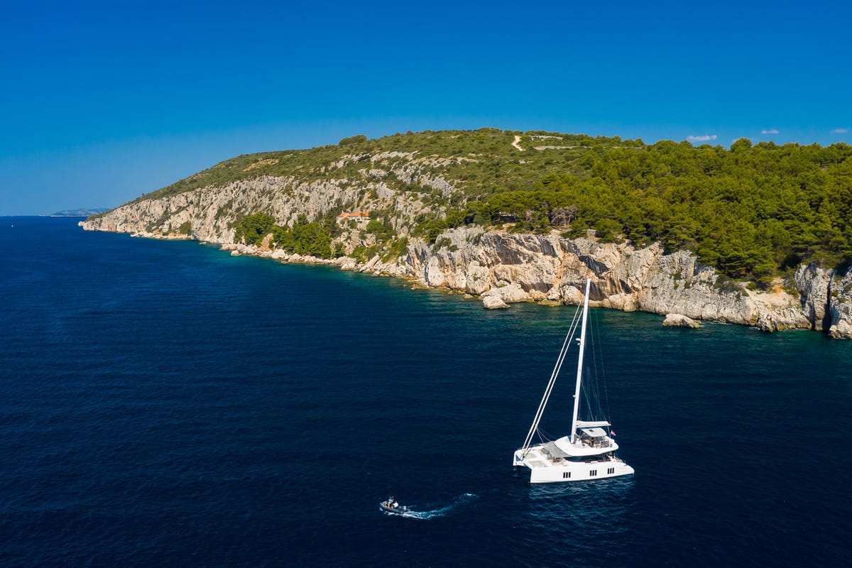 Exterior view of Solitaire, a Sunreef Yachts Sunreef 50 catamaran at Grad Kaštela, Croatia