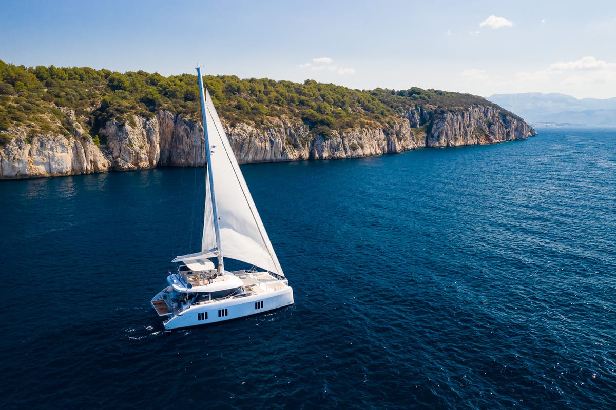 Exterior view of Solitaire, a Sunreef Yachts Sunreef 50 catamaran at Grad Kaštela, Croatia