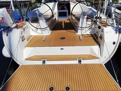 Cockpit of Hermes, a Bavaria Cruiser 41 sailboat at Athens, Greece