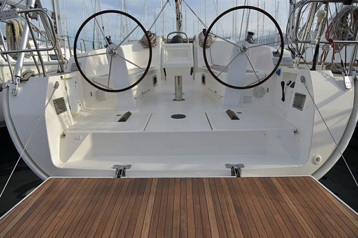 Cockpit of Hermes, a Bavaria Cruiser 41 sailboat at Athens, Greece