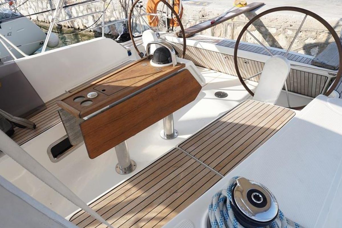 Cockpit of Hermes, a Bavaria Cruiser 41 sailboat at Athens, Greece