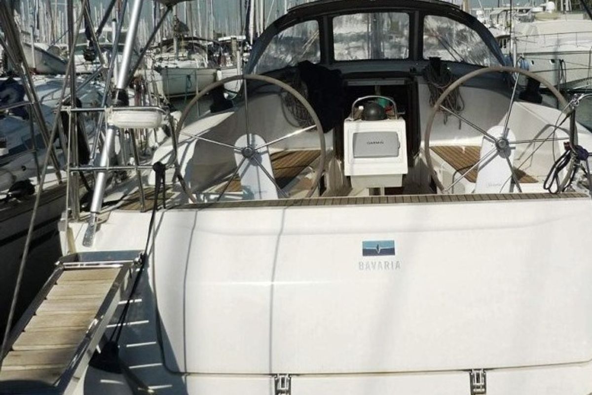 Exterior view of Hermes, a Bavaria Cruiser 41 sailboat at Athens, Greece