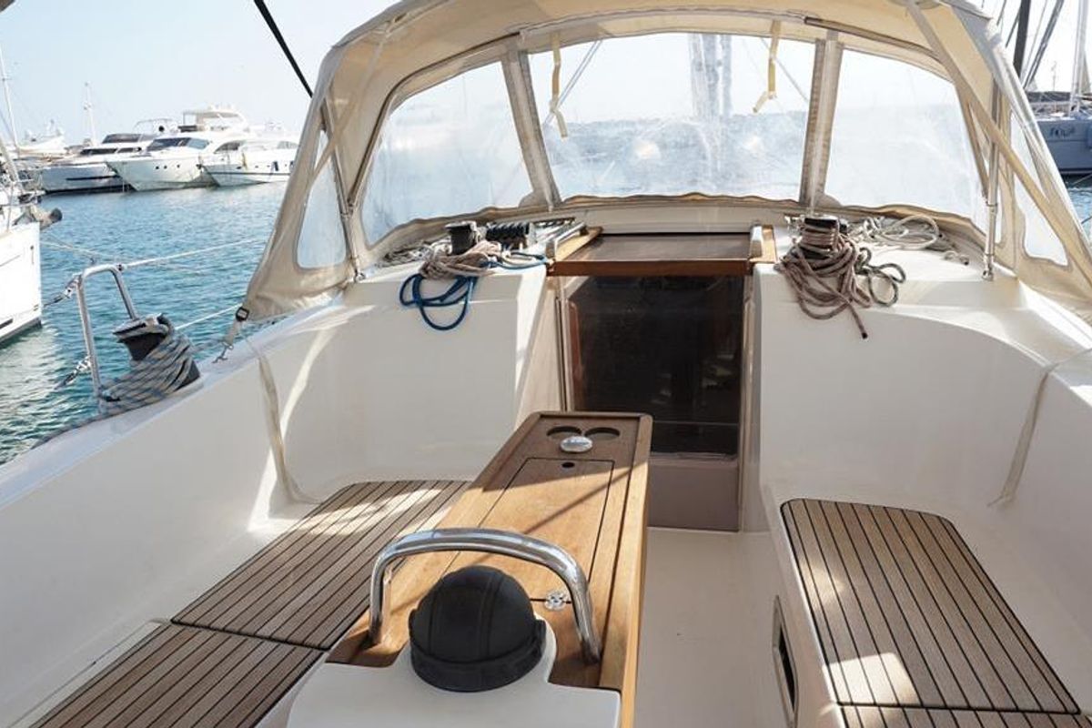 Cockpit of Hermes, a Bavaria Cruiser 41 sailboat at Athens, Greece