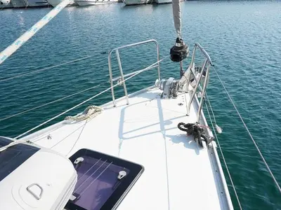 Deck of Hermes, a Bavaria Cruiser 41 sailboat at Athens, Greece