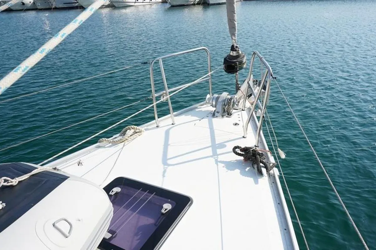 Deck of Hermes, a Bavaria Cruiser 41 sailboat at Athens, Greece