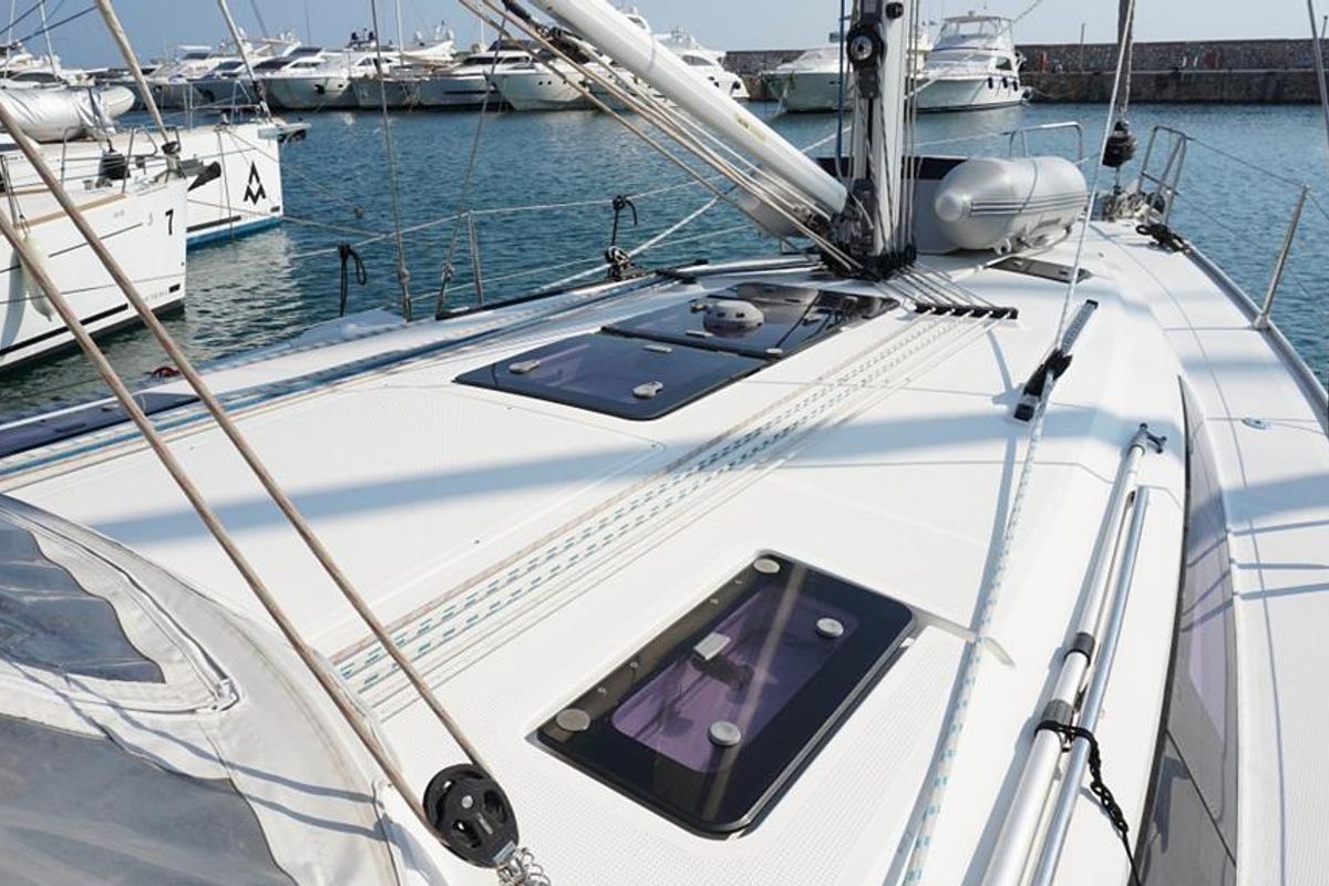 Deck of Hermes, a Bavaria Cruiser 41 sailboat at Athens, Greece