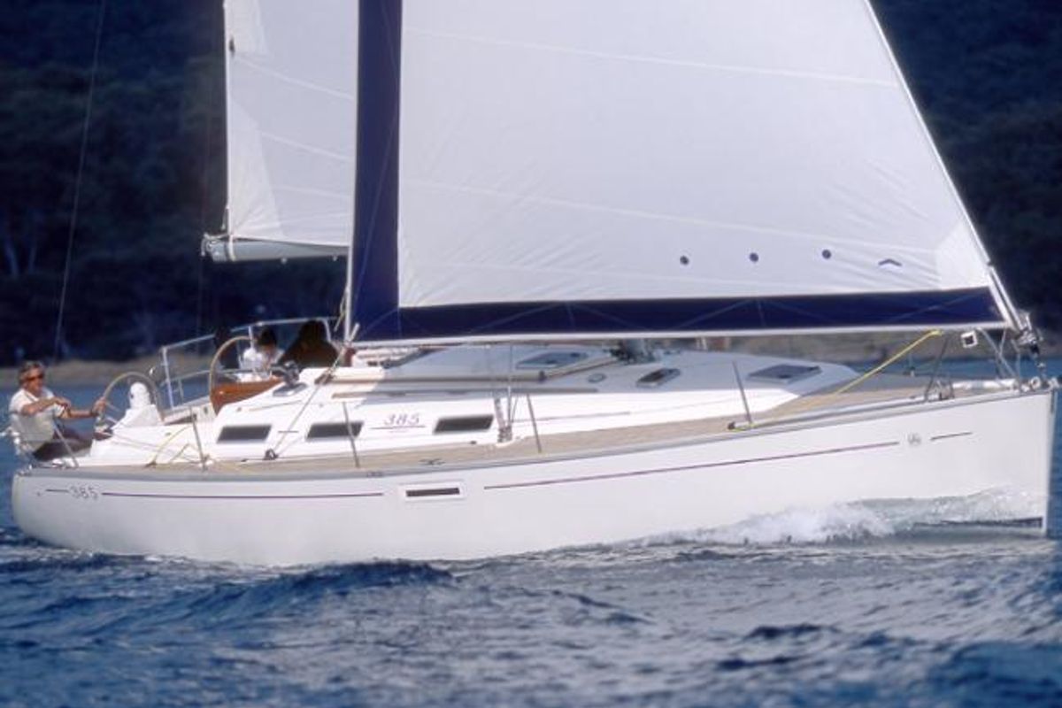 Exterior view of Erica, a Dufour 385 Grand Large sailboat at Marsala, Italy