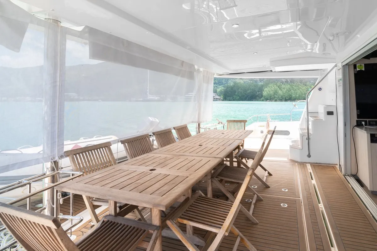 Deck of Between, a Leopard 58 catamaran at Seychelles, Eden Island Marina, Seychelles
