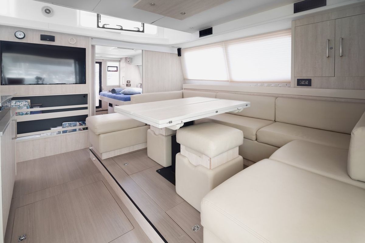 Salon of Between, a Leopard 58 catamaran at Seychelles, Eden Island Marina, Seychelles