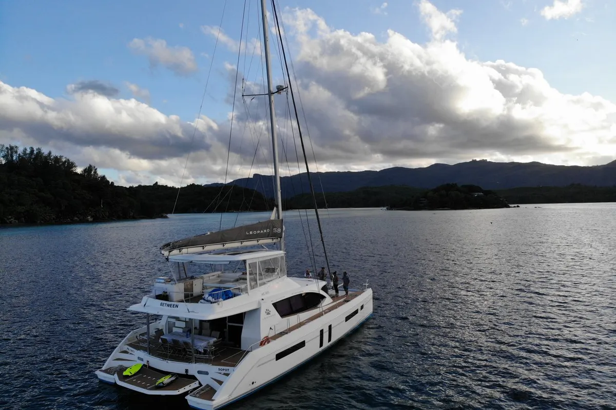 Exterior view of Between, a Leopard 58 catamaran at Seychelles, Eden Island Marina, Seychelles