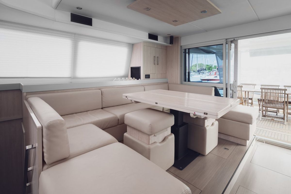 Salon of Between, a Leopard 58 catamaran at Seychelles, Eden Island Marina, Seychelles
