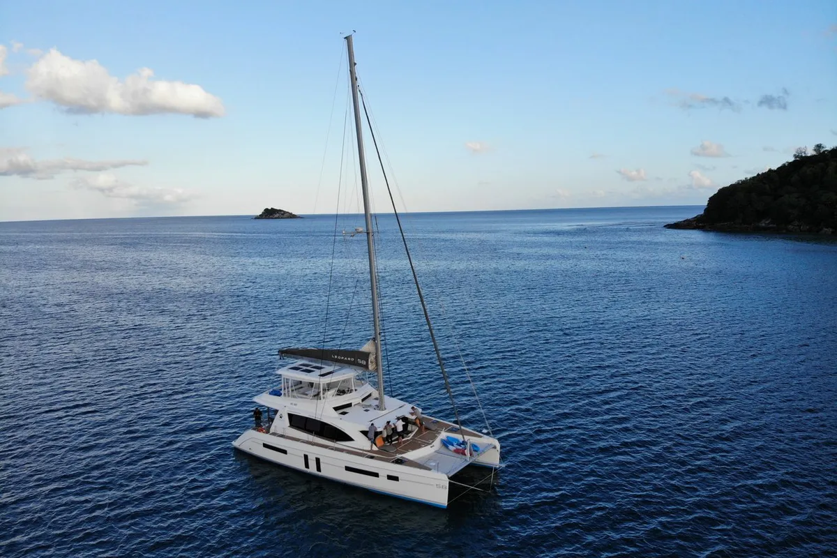 Exterior view of Between, a Leopard 58 catamaran at Seychelles, Eden Island Marina, Seychelles