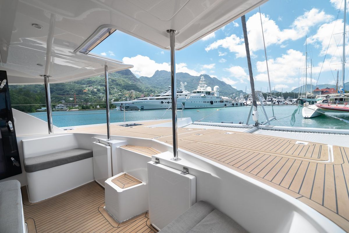 Deck of Between, a Leopard 58 catamaran at Seychelles, Eden Island Marina, Seychelles