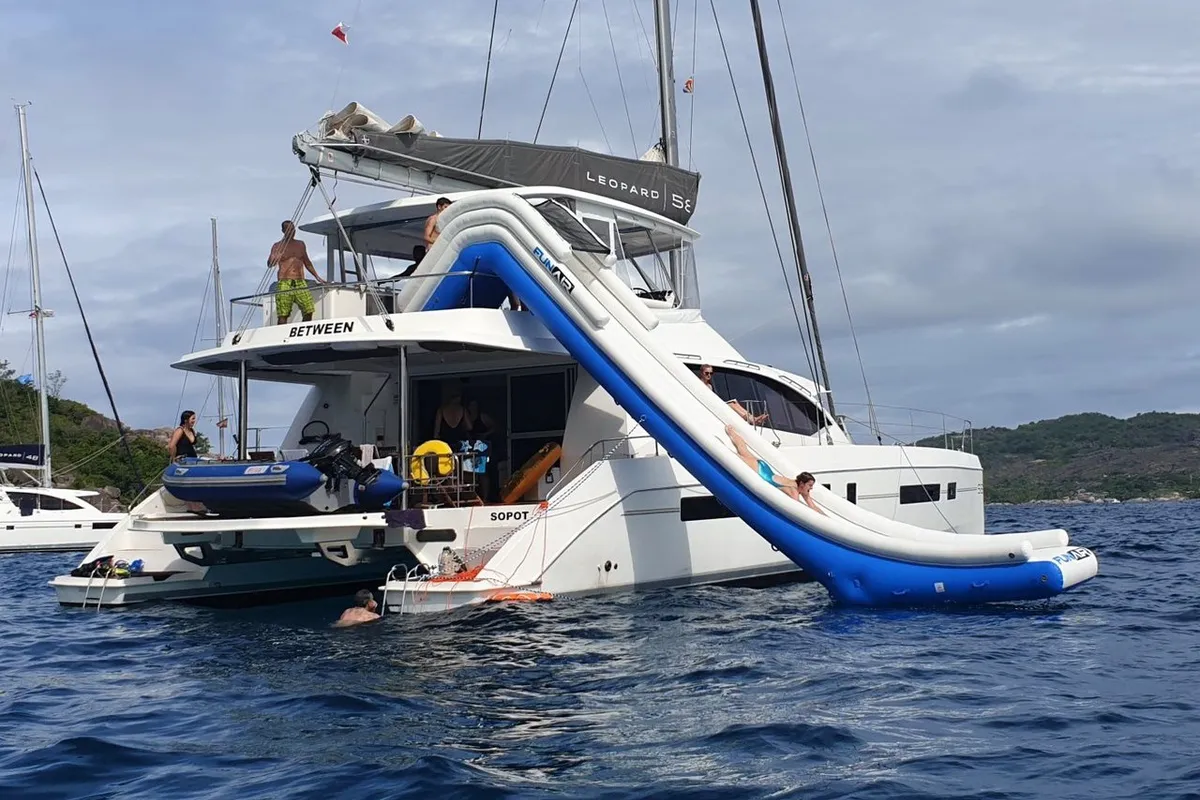Exterior view of Between, a Leopard 58 catamaran at Seychelles, Eden Island Marina, Seychelles