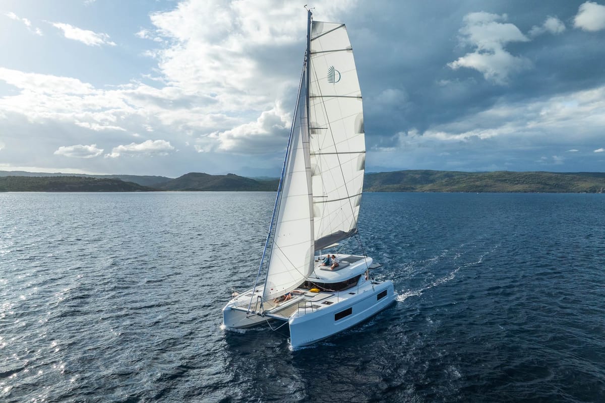 Exterior view of SIGA-SIGA, a Lagoon 38 catamaran at Municipal Unit of Lefkada, Greece