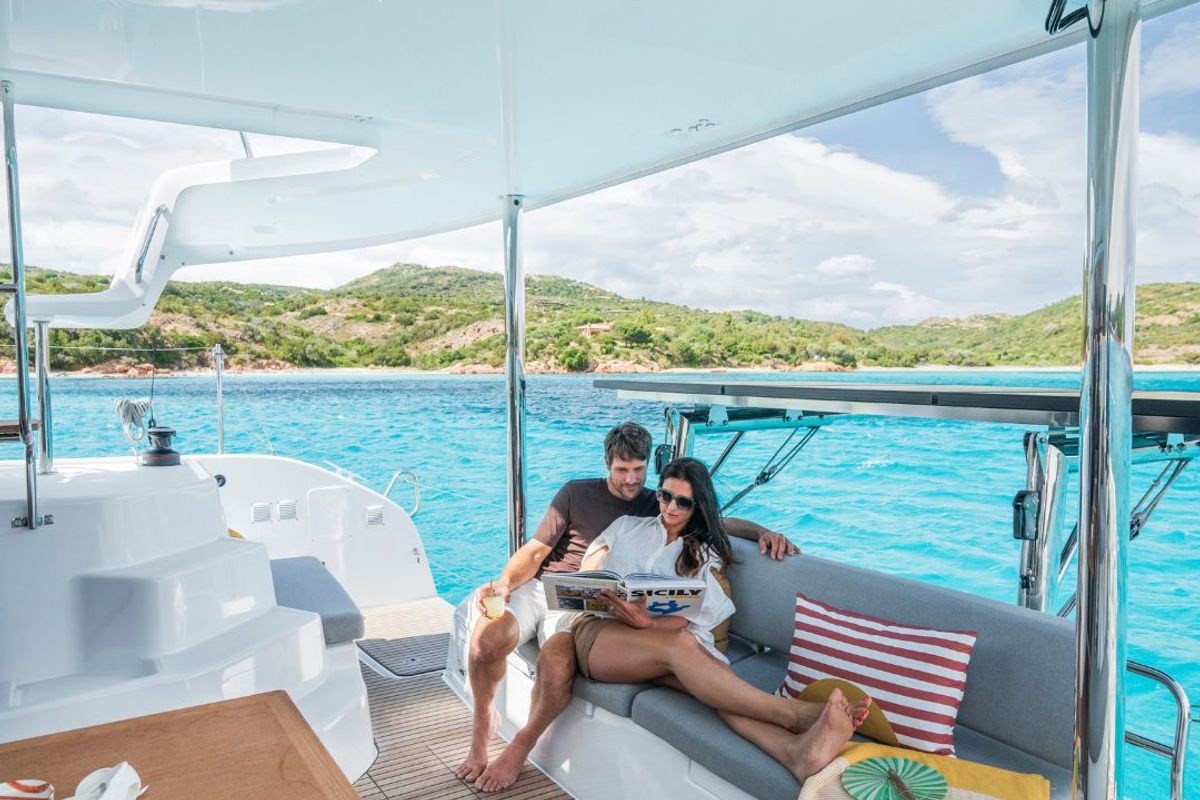 Deck of SIGA-SIGA, a Lagoon 38 catamaran at Municipal Unit of Lefkada, Greece