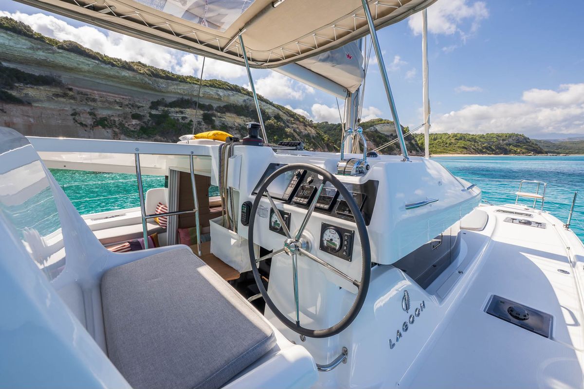 Cockpit of SIGA-SIGA, a Lagoon 38 catamaran at Municipal Unit of Lefkada, Greece