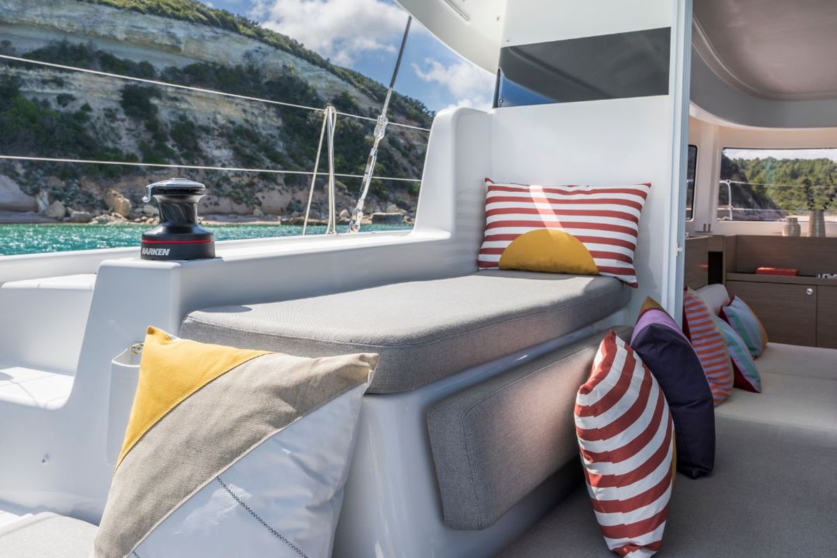 Deck of SIGA-SIGA, a Lagoon 38 catamaran at Municipal Unit of Lefkada, Greece
