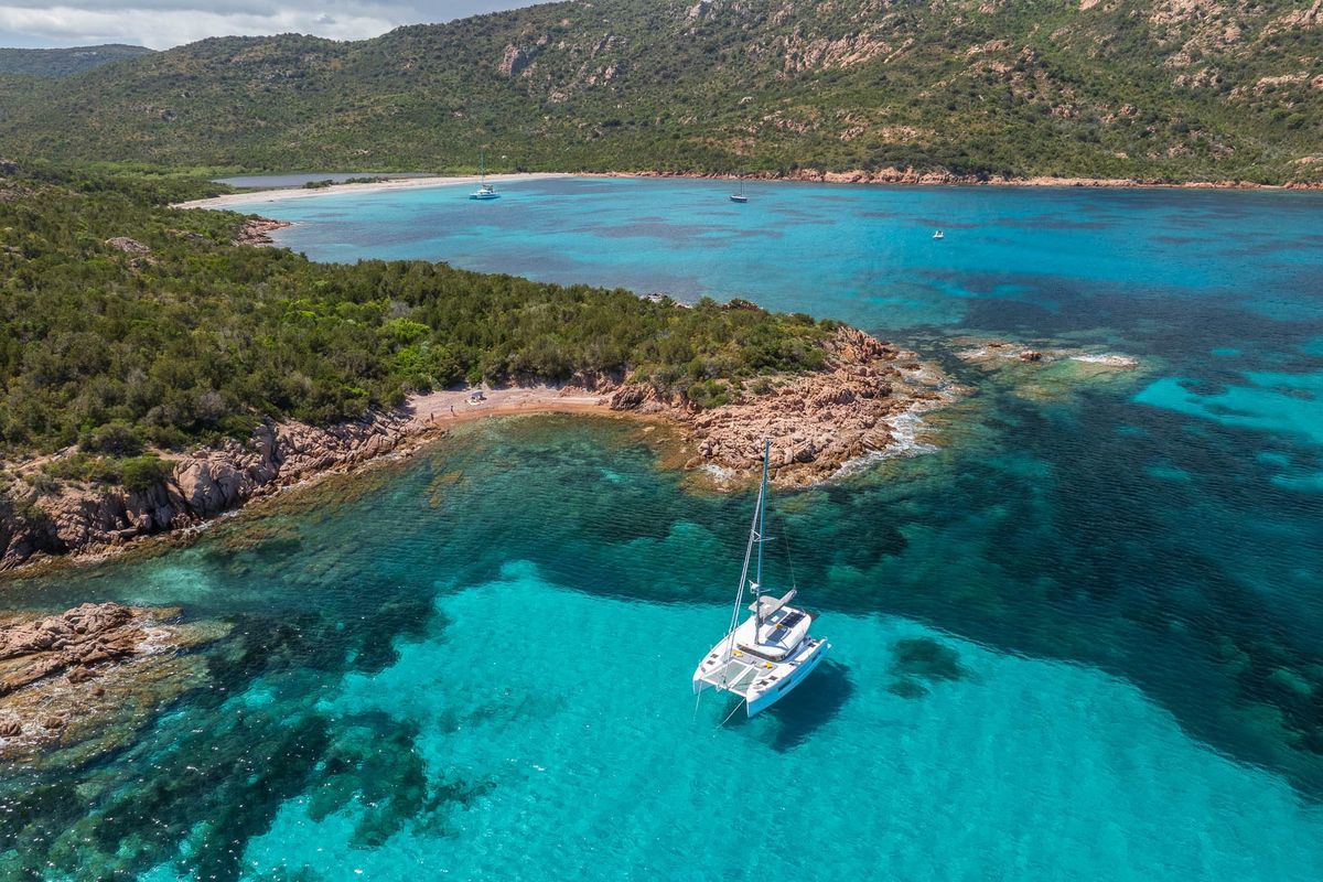 Exterior view of SIGA-SIGA, a Lagoon 38 catamaran at Municipal Unit of Lefkada, Greece