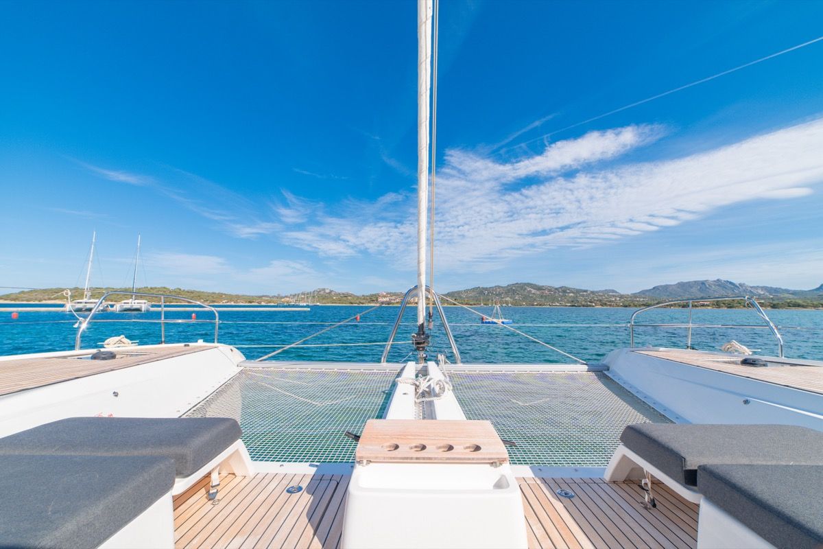 Deck of Chilli, a Lagoon 55 catamaran at Olbia, Italy