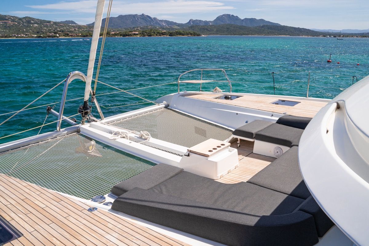 Exterior view of Chilli, a Lagoon 55 catamaran at Olbia, Italy