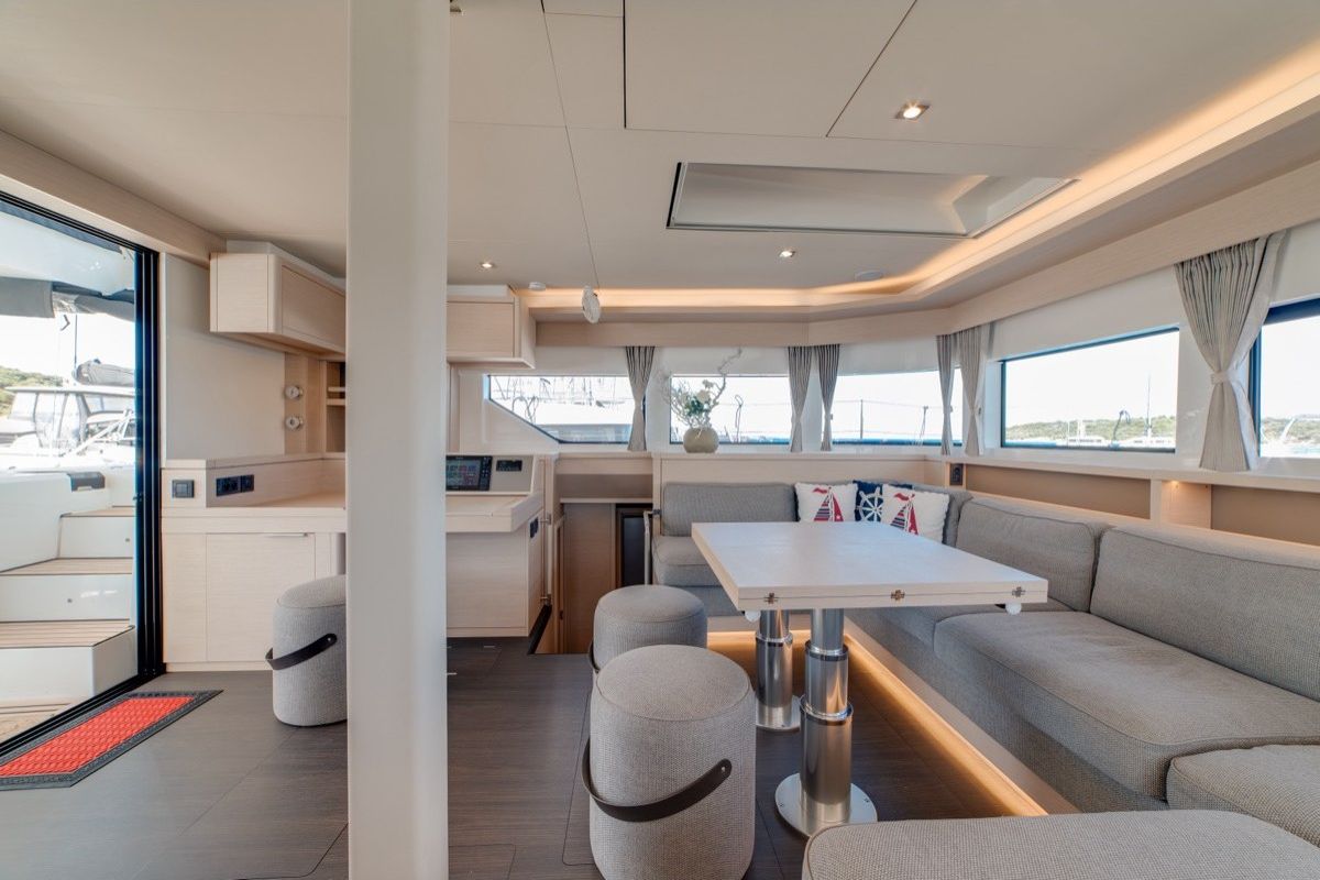 Salon of Chilli, a Lagoon 55 catamaran at Olbia, Italy