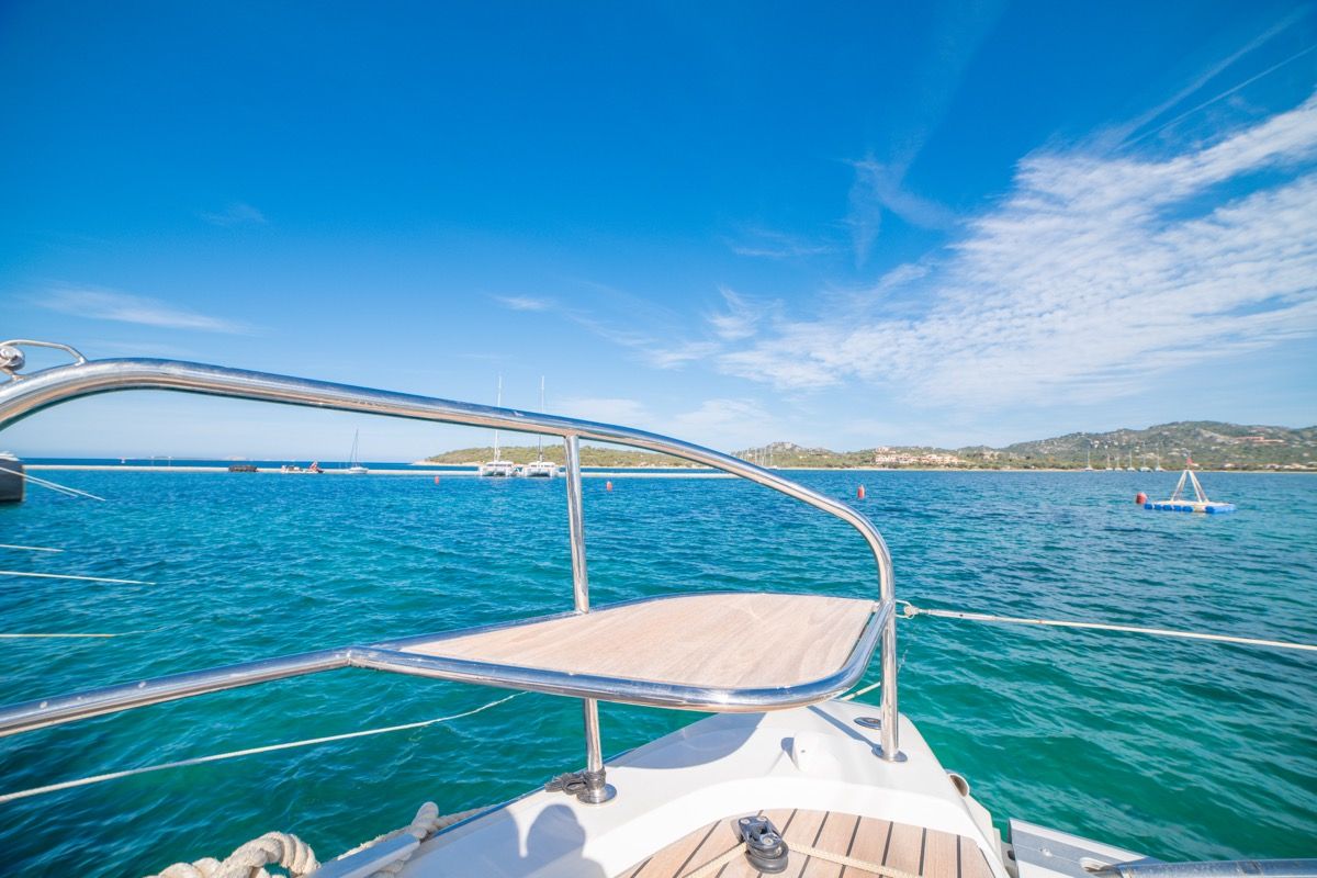 Exterior view of Chilli, a Lagoon 55 catamaran at Olbia, Italy