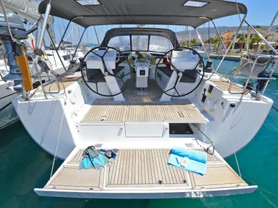 Cockpit of Kimi, a Hanse Yachts Hanse 505 sailboat at Kos, Greece