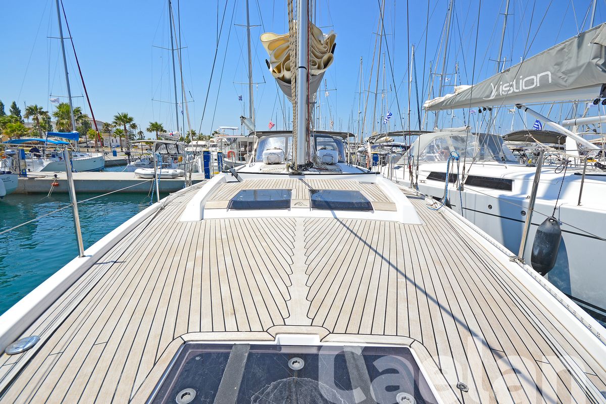 Deck of Kimi, a Hanse Yachts Hanse 505 sailboat at Kos, Greece