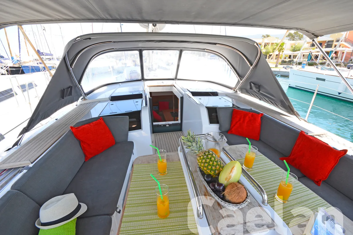 Deck of Kimi, a Hanse Yachts Hanse 505 sailboat at Kos, Greece