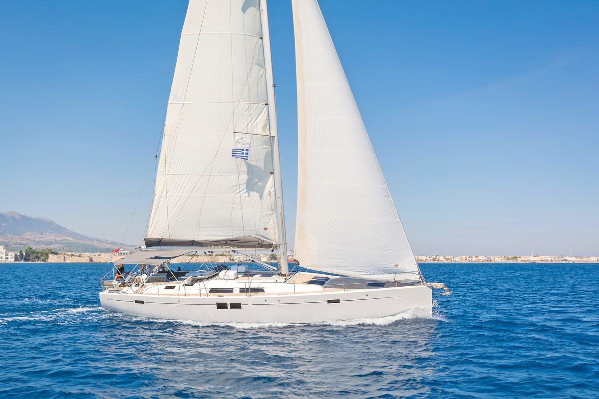 Exterior view of Kimi, a Hanse Yachts Hanse 505 sailboat at Kos, Greece