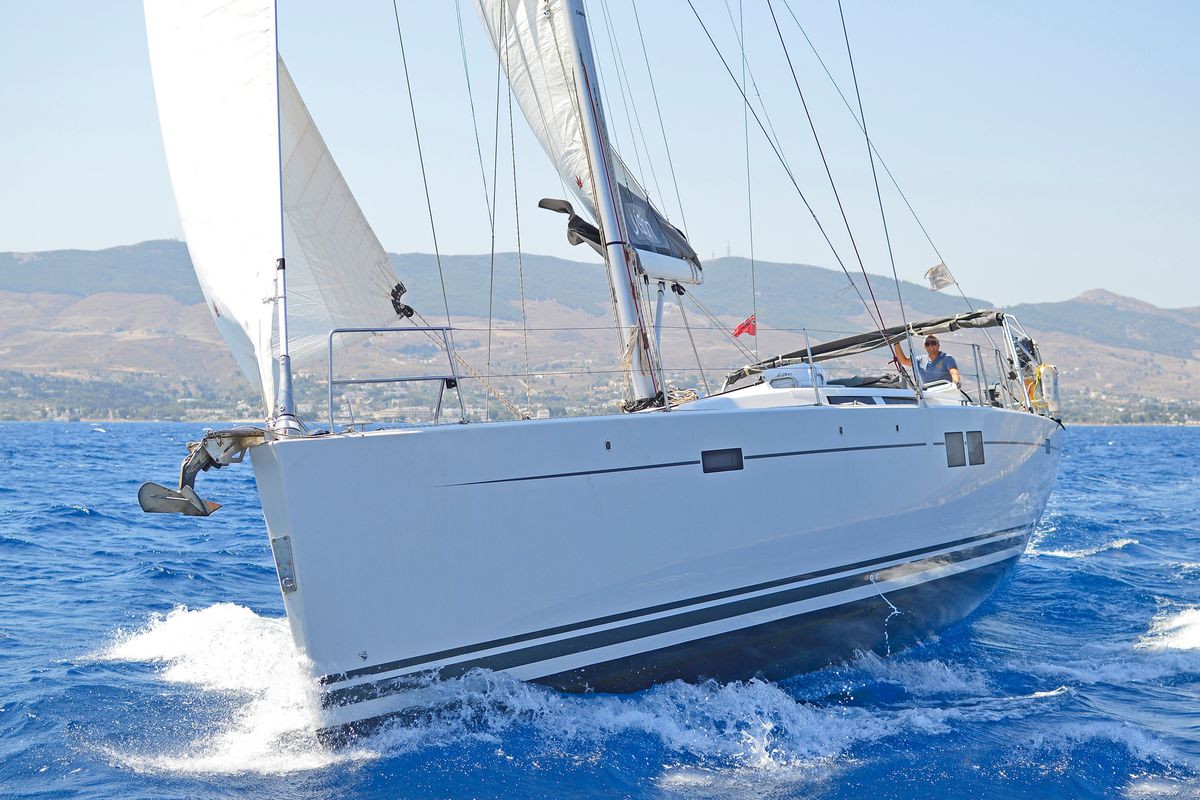Exterior view of Kimi, a Hanse Yachts Hanse 505 sailboat at Kos, Greece