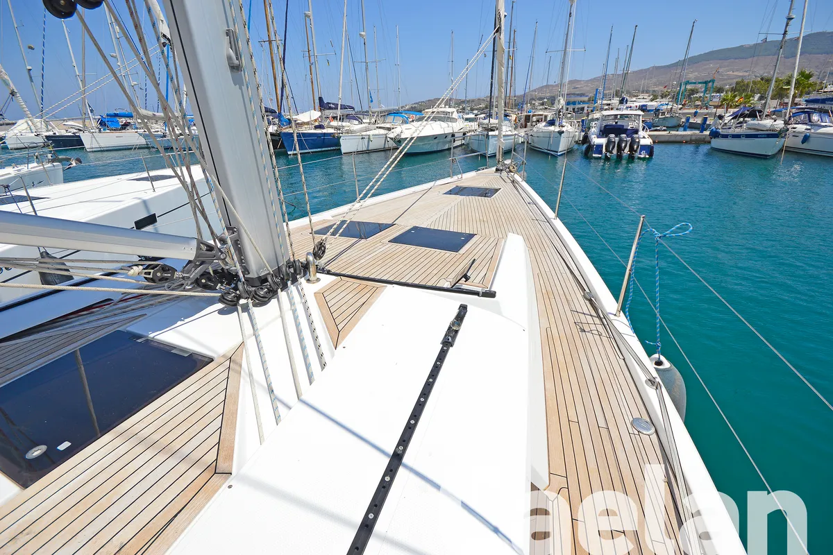 Deck of Kimi, a Hanse Yachts Hanse 505 sailboat at Kos, Greece