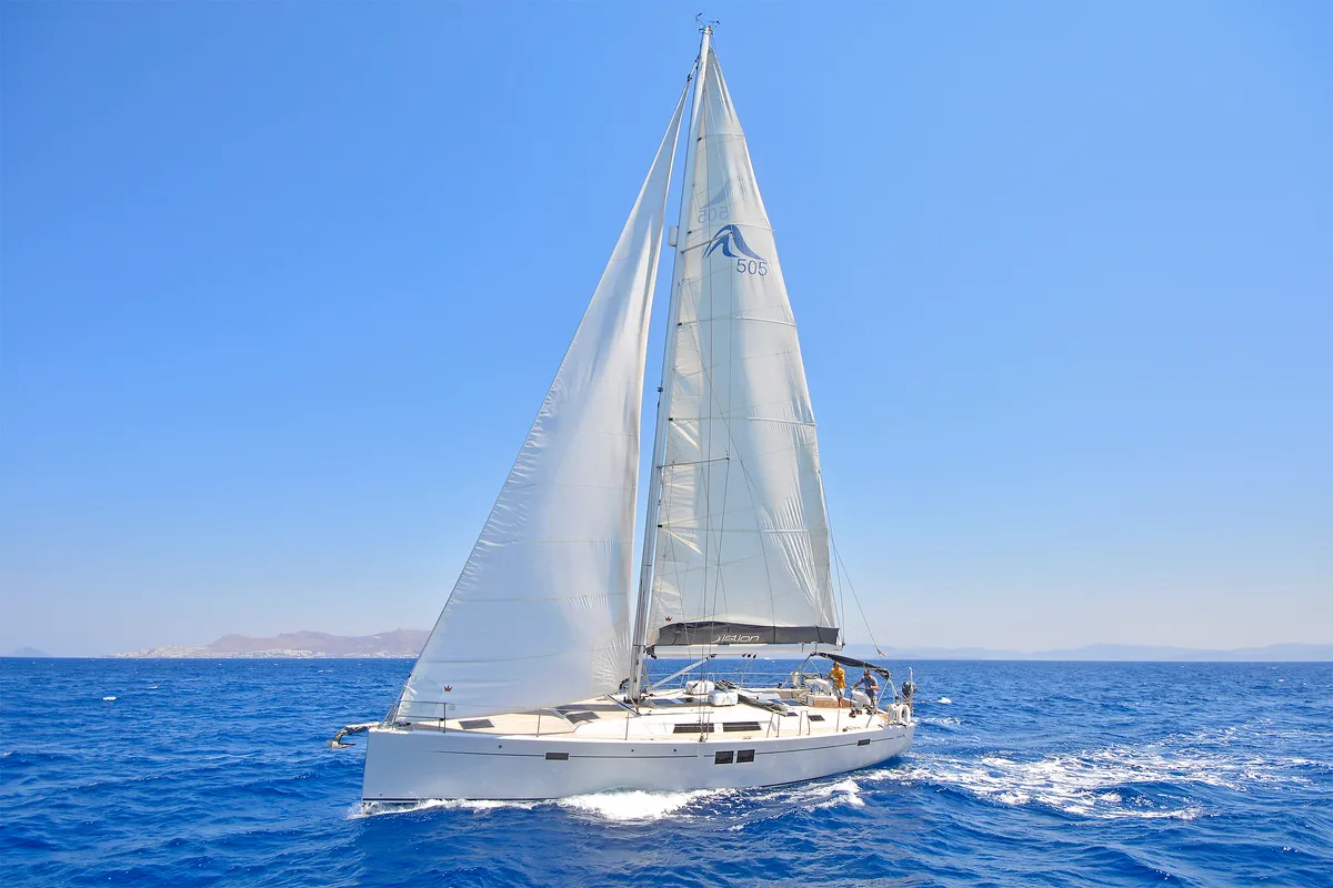 Exterior view of Kimi, a Hanse Yachts Hanse 505 sailboat at Kos, Greece