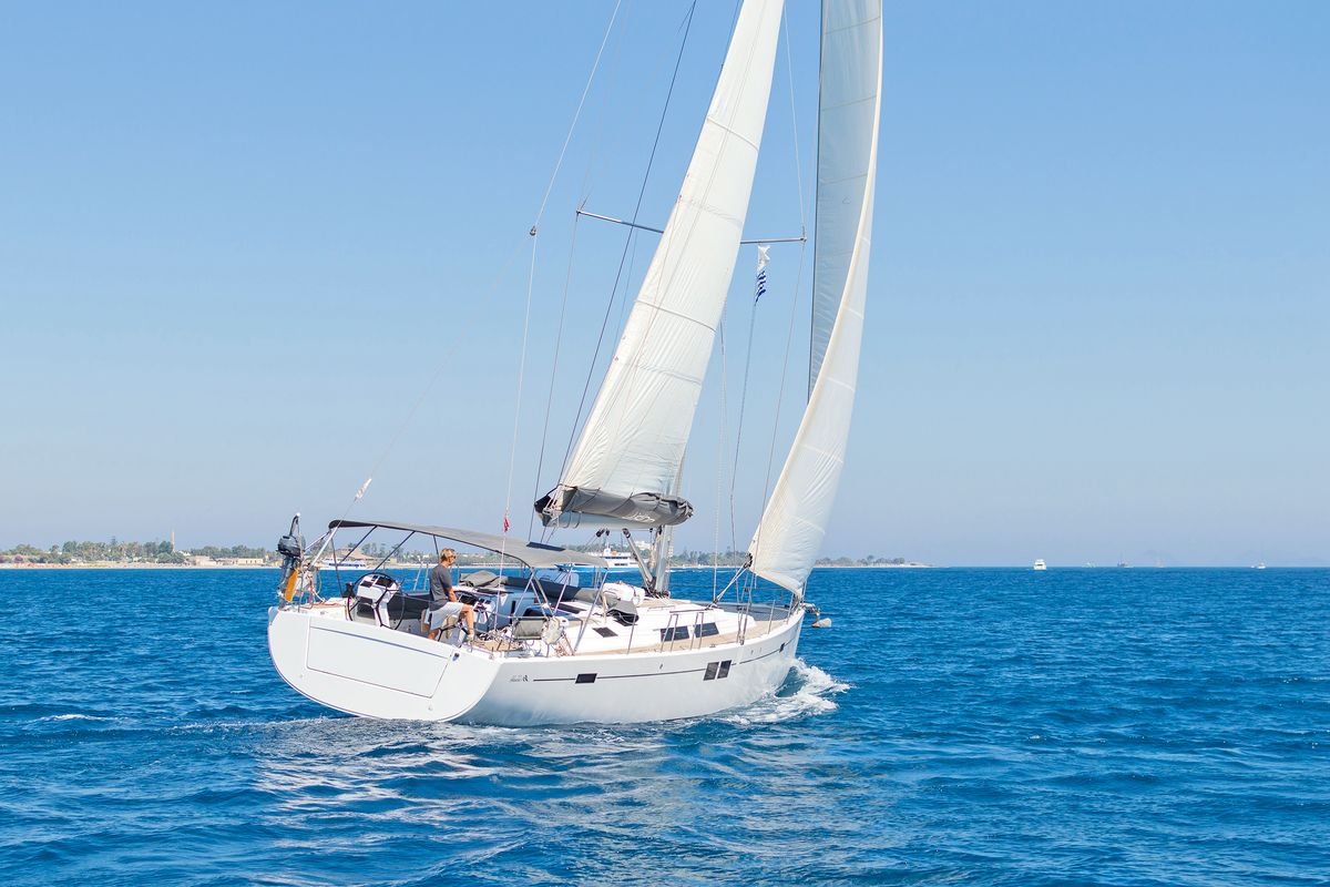Exterior view of Kimi, a Hanse Yachts Hanse 505 sailboat at Kos, Greece