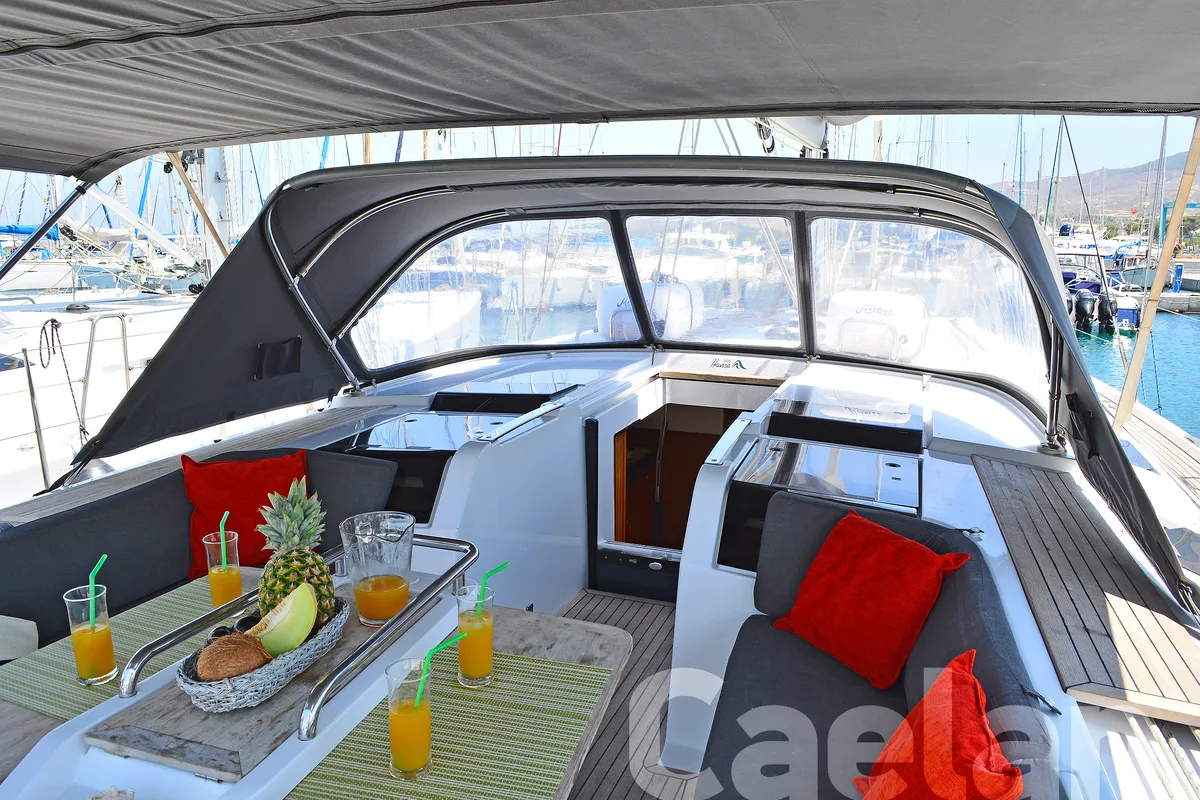 Deck of Kimi, a Hanse Yachts Hanse 505 sailboat at Kos, Greece